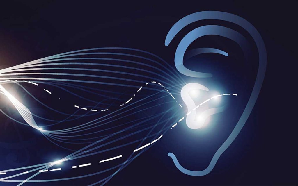 Ear with sound waves coming out representing hearing loss technology.