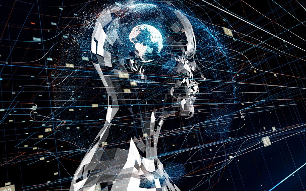 Robotic head representing the future of hearing aid technology.