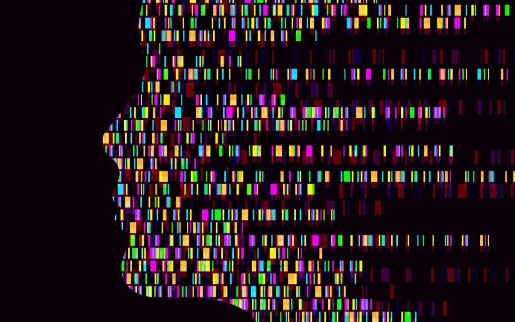 Silhouette of face with genes in representing hereditary hearing loss.