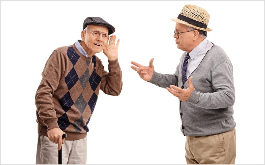 Two senior men having difficulty communicating.