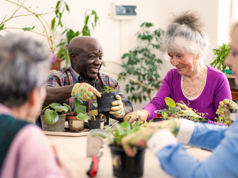 Older folks suffering from hearing loss are tending to the potted plants on a table, in the foreground and out of focus more ladies are helping