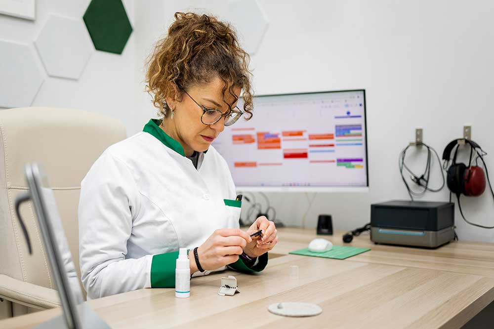 Hearing care professional cleaning a hearing aid at a desk with cleaning supplies, for hearing aid care tips from Nashoba Valley Hearing in Groton, MA